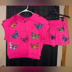 QUEEN OF SPARKLES pink butterfly small top/xs skort set | QOS